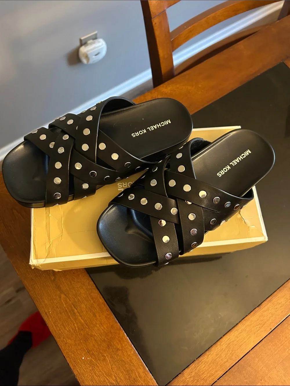 Michael Kors Black Studded Crisscross Slide Sandals - Picture 2 of 3